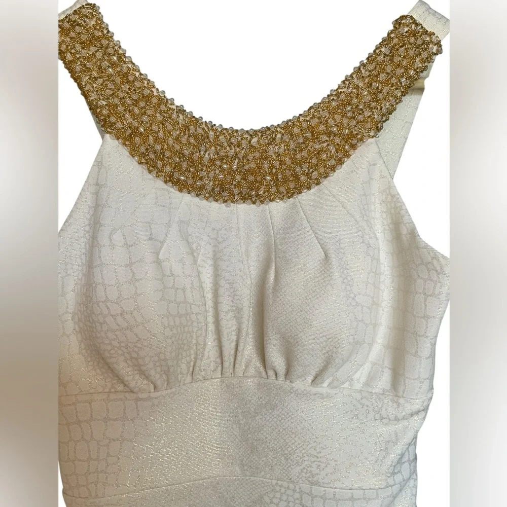 Cachet Gold Beaded Neckline Bodycon ivory Dress ‎ Sleeveless Size Small
